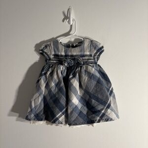 Toffy House Baby Girls Dress Blue Plaid Size 9-12 Months 100% Cotton Bow Detail